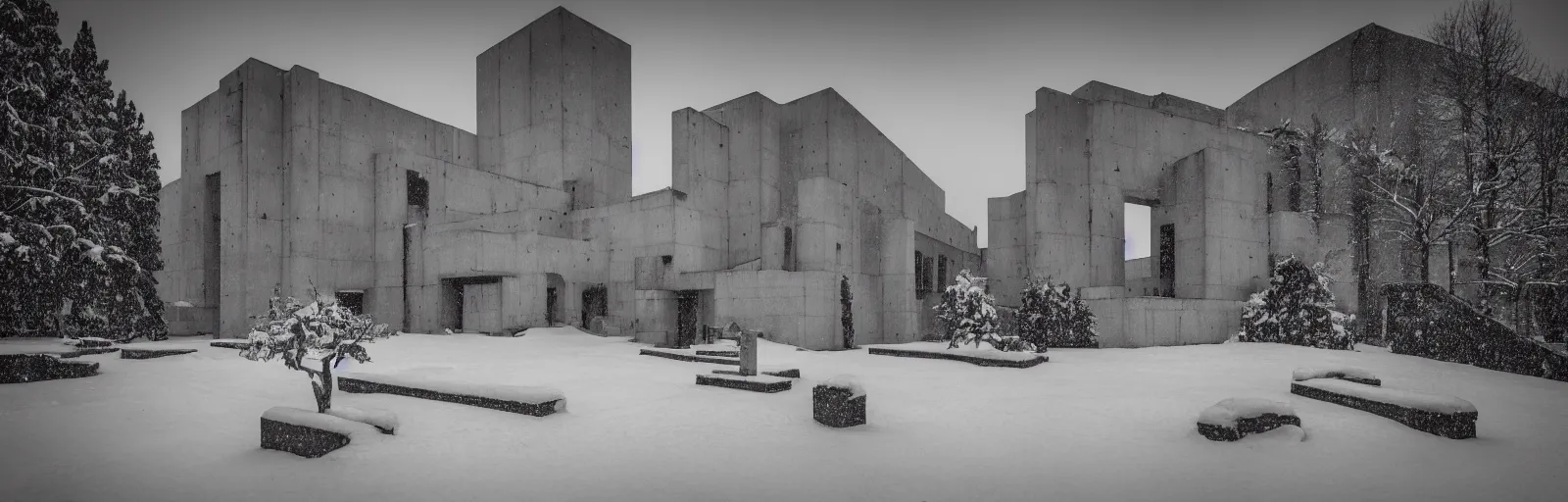 Image similar to snow falling on brutalist monastery, the monastery is on top of a black snowy mountain, the concrete monastery has walkways, skybridges, stairways, white marble statues on pedestals in the background, depth of field, sharp focus, clear focus, beautiful, award winning architecture, hopeful, quiet, calm, serene