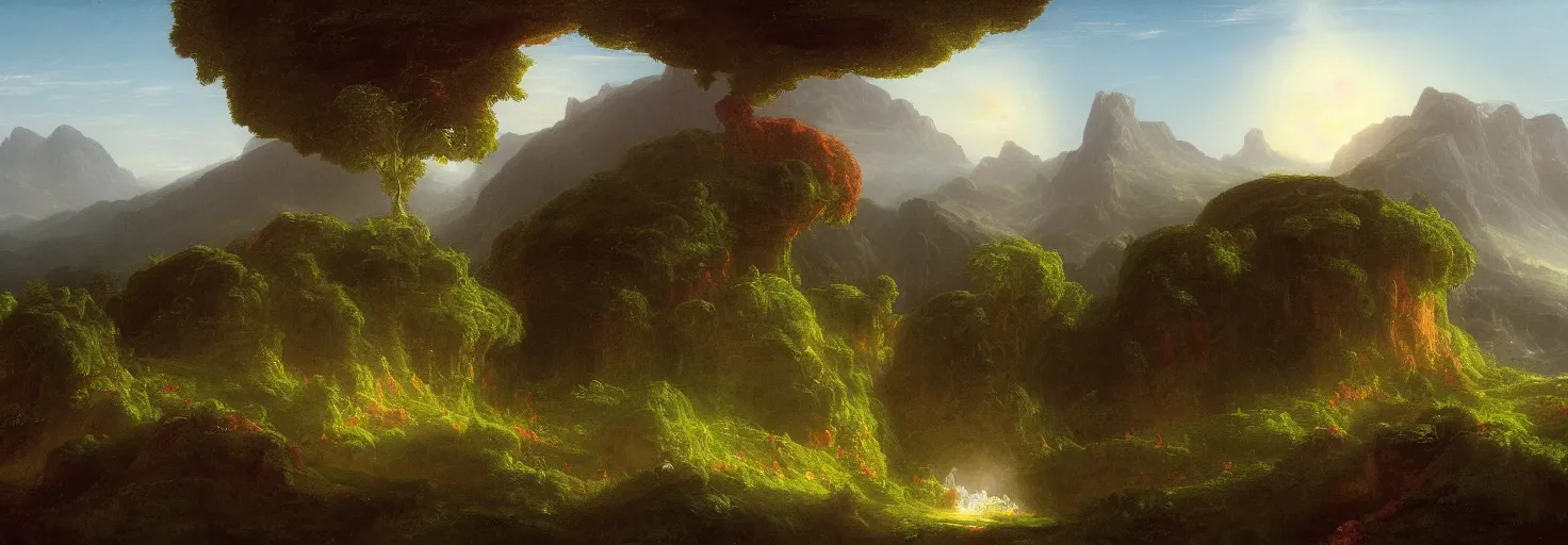 Image similar to alien exoplanet : landscape : flora and fauna : thomas cole