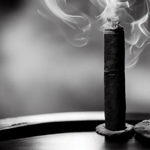 Image similar to cigar on a table, smoke slowly wafting up from the tip, black and white ultra hd