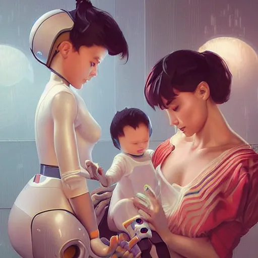 Prompt: a robot mother and her robot children. beautiful clear well composed image. it is painted in the style of newborn photography by artgerm and greg rutkowski and ilya kuvshinov.