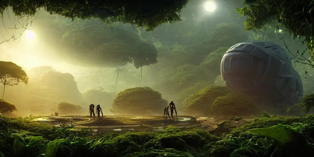 Image similar to a huge futuristic rusty old alien spaceship, next to it a smaller exploration ship on a landing pad, surrounded by a lush alen jungle, in the foreground two explorers are arguing next to tiny animals!!, the animals are walking around, dawn, volumetric light, hyperdetailed, artstation, cgsociety, 8k