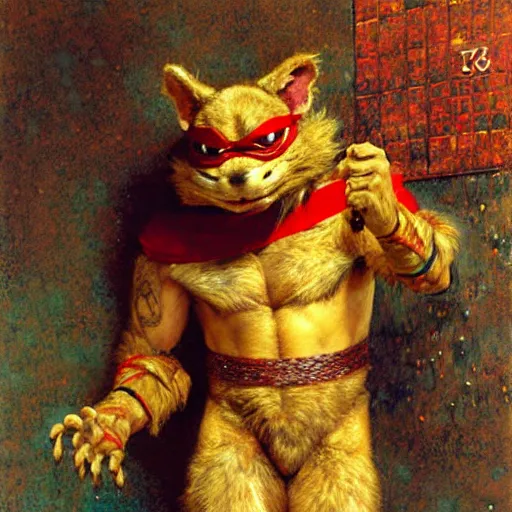 Prompt: furry splinter from tmnt wearing a red kimono hairy furry body furry arms feet. highly detailed painting by gaston bussiere craig mullins jc leyendecker gustav klimt artgerm greg rutkowski