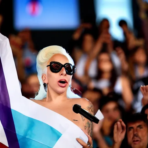 Image similar to Lady Gaga as president, Argentina presidential rally, Argentine flags behind, bokeh, giving a speech, detailed face, Argentina