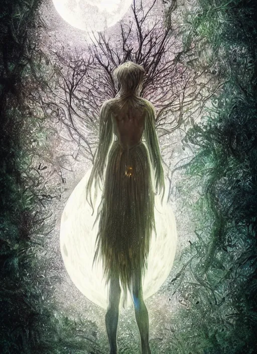 Image similar to glowing silver and golden elements, portrait, A beautiful dark witch in front of the full big moon, book cover, green forest, red white black colors, establishing shot, extremly high detail, foto realistic, cinematic lighting, pen and ink, intricate line drawings, by Yoshitaka Amano, Ruan Jia, Kentaro Miura, Artgerm, post processed, concept art, artstation, matte painting, style by eddie, raphael lacoste, alex ross