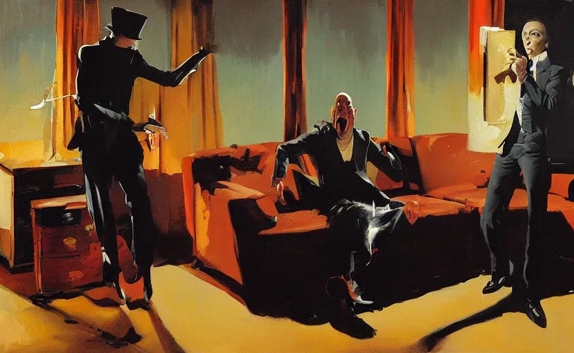 Prompt: a thin man screams at a telephone beside a sofa in a dark living room, painted by phil hale and rick berry and tom lovell and frank schoonover, highly detailed