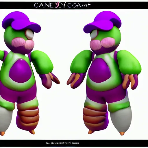 Prompt: candy game character concept, blender 3d render, ortographic