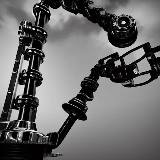 Image similar to close up of gleaming black metal factory servo arm, robotic equipment, decals, black and white, render, hard surface model, burnished metal, reflection, factory, hangar, beautiful, sharp focus, depth of field, ue 4, ue 5, unity hdrp