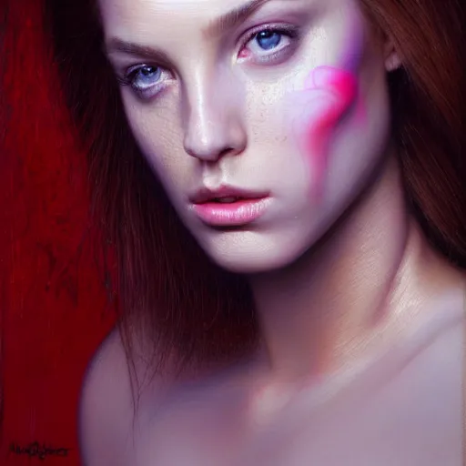 Prompt: Facial portrait of a gorgeous girl with duckface expression, looking away from the camera, seductive smile, sparkle in eyes, lips slightly parted, long flowing hair, no hands visible, intricate, delicate, teasing, arrogant, defiant, bored, mysterious, extremely detailed painting by Mark Brooks and by Greg Rutkowski, vibrant colors, studio lighting