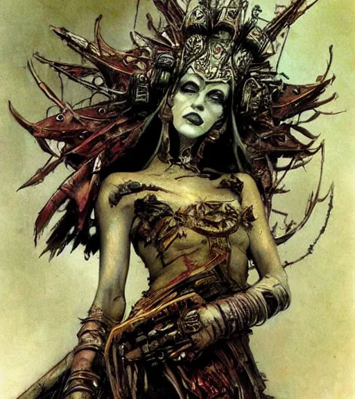 Prompt: empress of the wasteland, scrap metal headdress, strong line, deep color, high contrast, beautiful! coherent! by brian froud, by frank frazetta