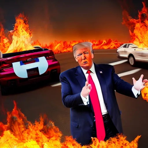 Image similar to professional photograph of donald!! trump!! on the highway firebending cars, dramatization