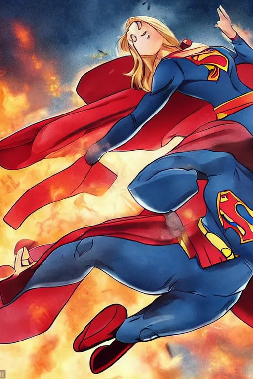 Prompt: a dramatic scene of supergirl leaping onto a tank and smashing it, on a battlefield, smoke, fires, explosions, manga art, close - up, low angle, wide angle, highly detailed