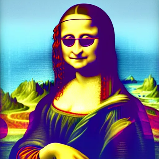 Prompt: the mona lisa wearing sunglasses, vaporwave, 4 k