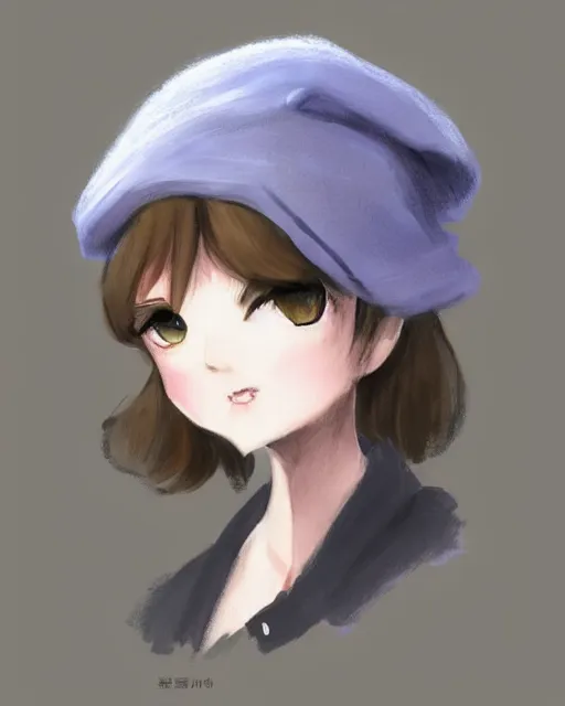 Image similar to girl with beret, drawn by Yueko, trending on Artstation