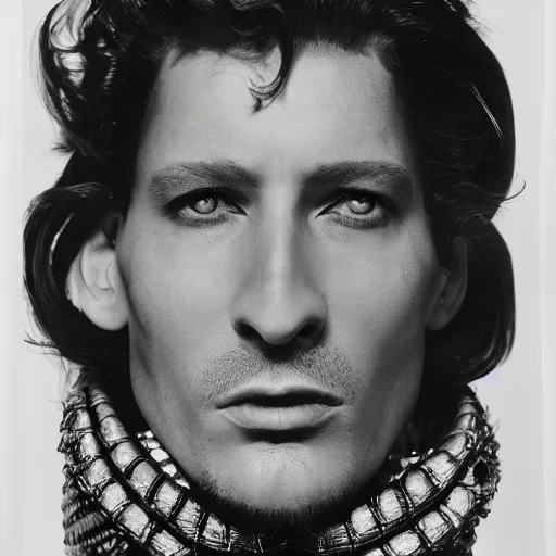 Image similar to a man with scales, large format film fashion photograph by richard avedon