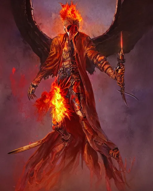 Image similar to a oil / watercolor painting full body character portrait of a demonic angel wielding a broken sword coated in fire in the style of moebius in the style of leonard boyarsky trending on artstation deviantart pinterest detailed photorealistic highlights and shadow hd 8 k post - processing high resolution