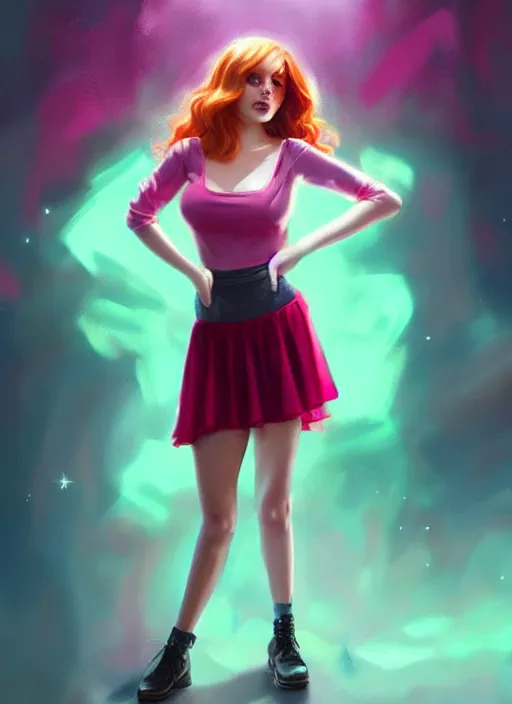 Image similar to full body portrait of teenage cheryl blossom, bangs, green eyes, sultry expression, red hair, sultry smirk, bangs and wavy hair, pink skirt, intricate, elegant, glowing lights, highly detailed, digital painting, artstation, concept art, smooth, sharp focus, illustration, art by wlop, mars ravelo and greg rutkowski