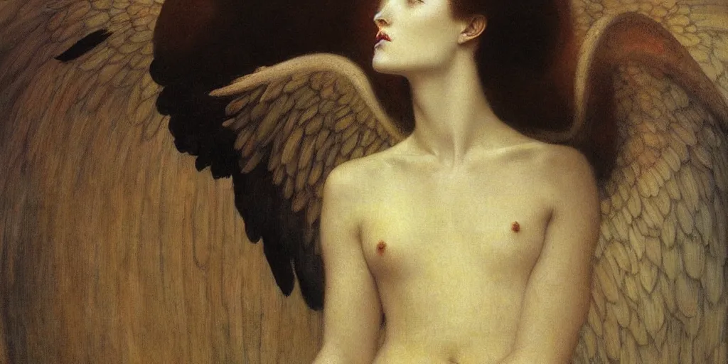 Prompt: a detailed painting of a beautiful archangel, beautiful face and body, halo of sacred light, magical mood, muted tones, by fernand khnopff, jean delville, caravaggio, epic composition, exquisite details, dark mood,