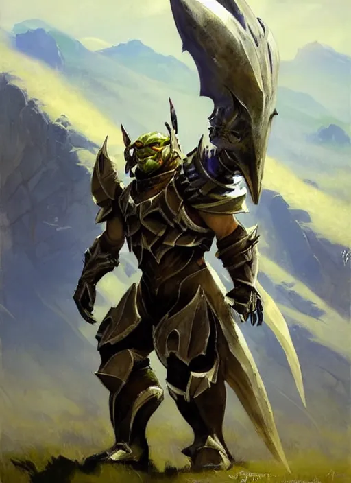 Image similar to Greg Manchess painting of a Zelda Charr from Guild Wars 2 wearing Forerunner Armor from Halo, countryside, calm, fantasy character portrait, dynamic pose, above view, sunny day, artwork by Jeremy Lipkin and Giuseppe Dangelico Pino and Michael Garmash and Rob Rey, very coherent asymmetrical artwork, sharp edges, perfect face, simple form, 100mm