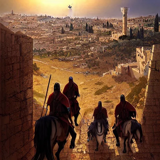 Prompt: Crusaders on horses standing on a ridge overlooking the city of Jerusalem by Marc Simonetti