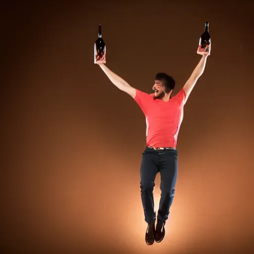 Image similar to a portrait of a man boisterously dancing around the room by himself holding an empty wine bottle as he jumps in the air, fine detail, dramatic lighting, award-winning photo UHD, 4K