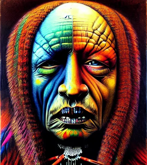 Image similar to Portrait painting in a style of Beksinski mixed with Alex Grey of an old shaman dressed in a colorful traditional clothes.