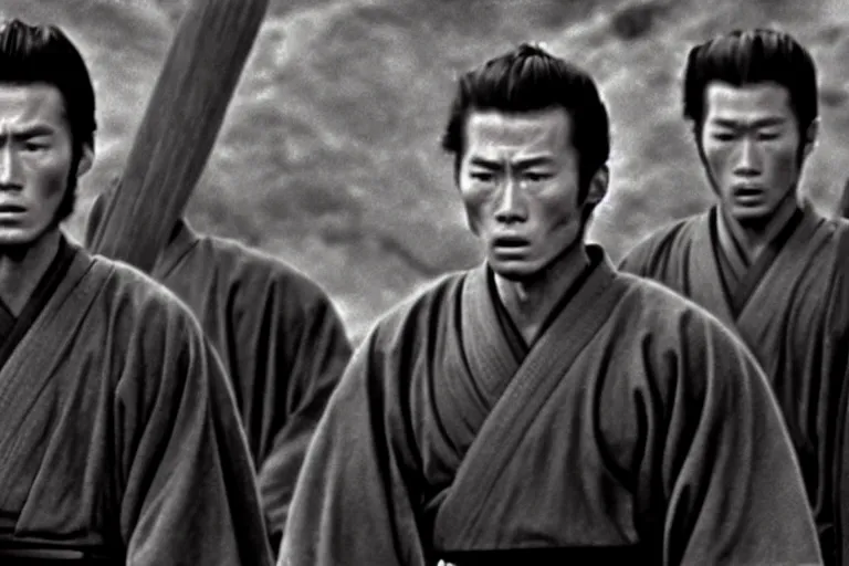 Image similar to young clint eastwood as a ronin samurai brothers, in robes, in the movie seven samurai ( 1 9 5 4 ). grainy movie still, high detail, sharp focus