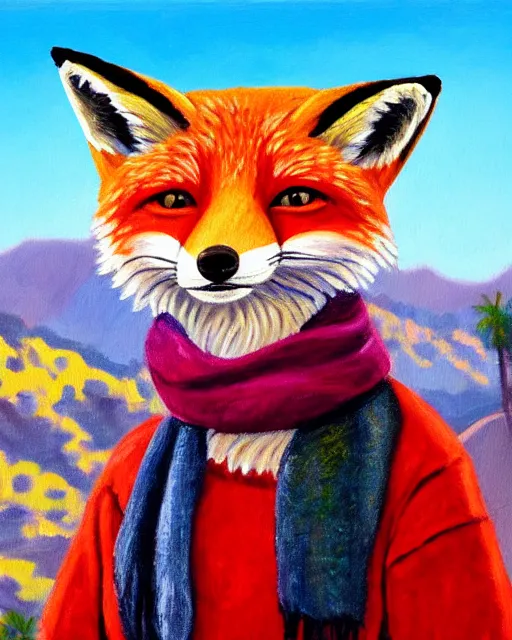 Prompt: oil painting portrait of anthropomorphic female fox animal dressed in sweater and scarf, fox animal, hollywood sign in background, location movie studio, oil painting,