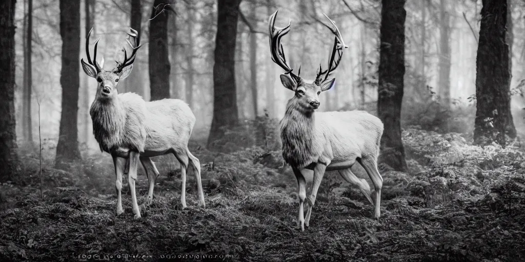 Prompt: king of the forest, a white stag, beautiful, fantasy, hyper realistic, dramatic lighting, cinematic, 35mm lens, 8k,