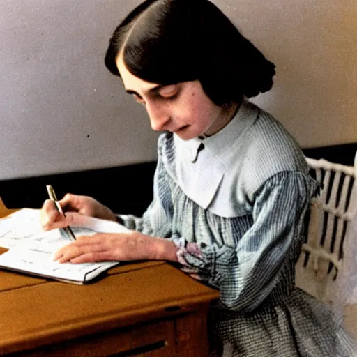 Image similar to A color photograph of Anne Frank writing in her diary