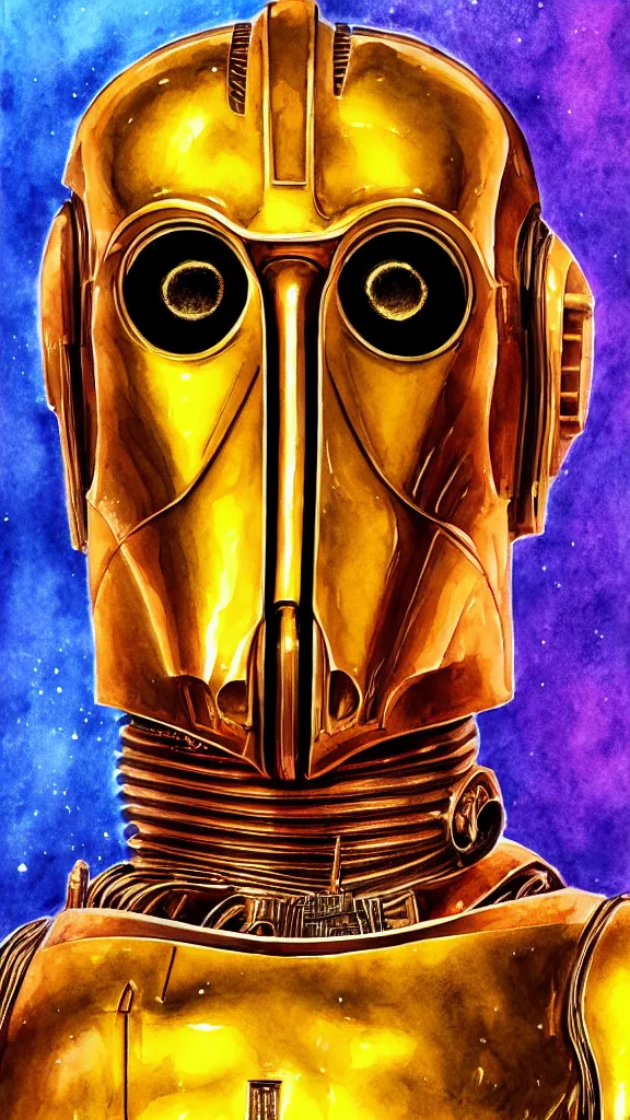 Image similar to a portrait of c - 3 po in watercolor. color harmony, 8 k detail, gallery quality, hd wallpaper, premium prints available, hyper - detailed, intricate design.