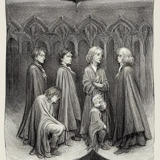 Image similar to harry potter students, by gustave dore and william blake