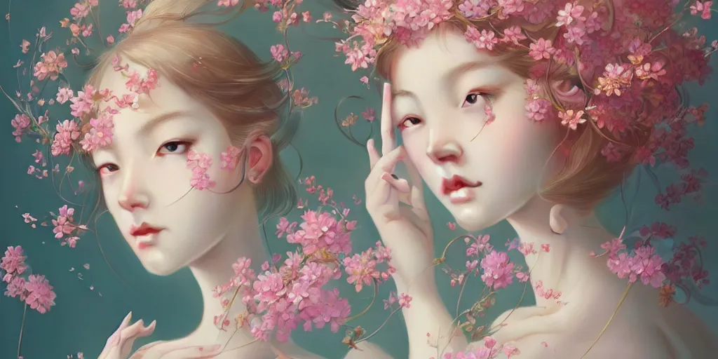 Image similar to breathtaking delicate detailed concept art illustration with flowers and girls, by hsiao - ron cheng, bizarre compositions, exquisite detail, pastel colors, ornate background, 8 k
