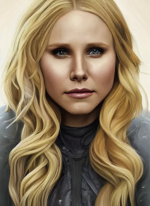 Prompt: a painting of kristen bell with long blonde hair, a photorealistic painting by magali villeneuve, featured on cgsociety, fantasy art, detailed painting, photorealistic