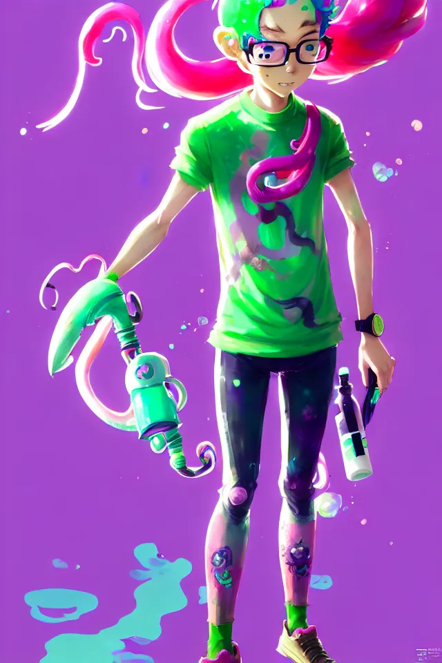 Image similar to a beautiful fullbody portrait of a cute splatoon anime boy with pink hair and green eyes wearing sports clothing tight leggings. character design by cory loftis, fenghua zhong, ryohei hase, ismail inceoglu and ruan jia. artstation, volumetric light, detailed, photorealistic, fantasy, rendered in octane