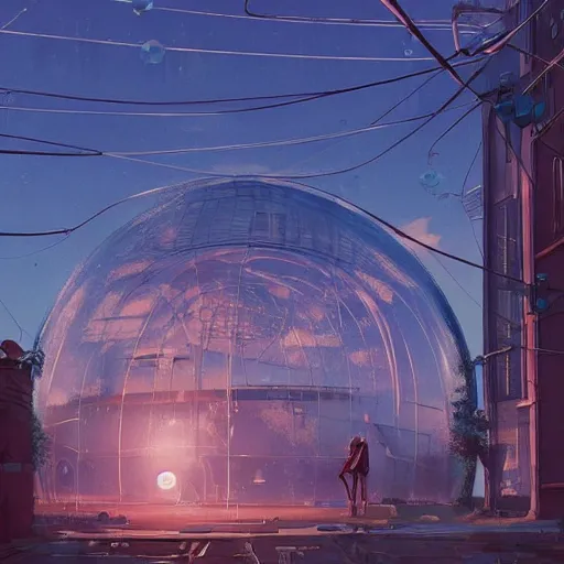 Image similar to A city trapped in a giant transparent dome, bubbles, cinematic lighting, insanely detailed, intricate, artstation, cgsociety, painted by Simon Stalenhag, concept art, illustration, sharp focus,