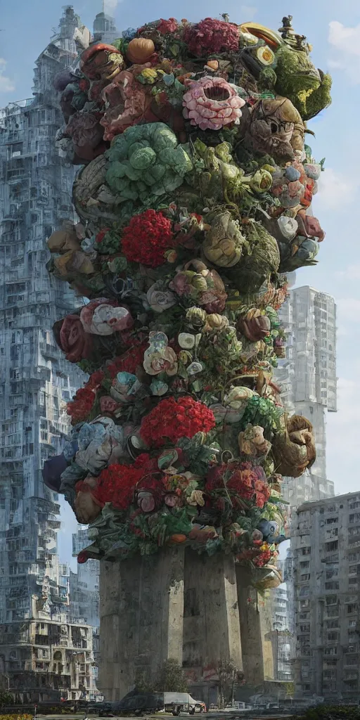 Image similar to giant grotesque flower in the middle of abandoned post soviet constructivist cityscape, Stalinist architecture, ultradetailed by Hayao Miyazaki and Josan Gonzalez and Makoto Shinkai and Giuseppe Arcimboldo