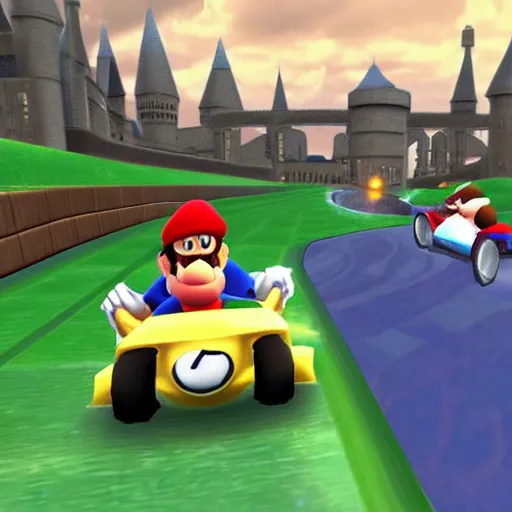 Prompt: Harry Potter in Mario Kart, gameplay screenshot,