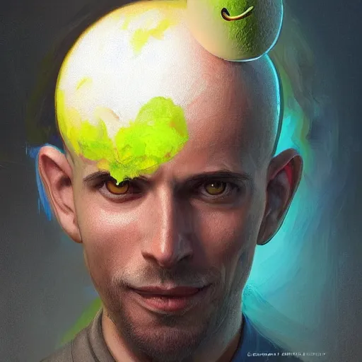 Image similar to a guy with a tennis ball for a head with a smiley face painted on it, portrait, D&D, fantasy, highly detailed, digital painting, artstation, concept art, sharp focus, illustration, art by artgerm and greg rutkowski and alphonse much