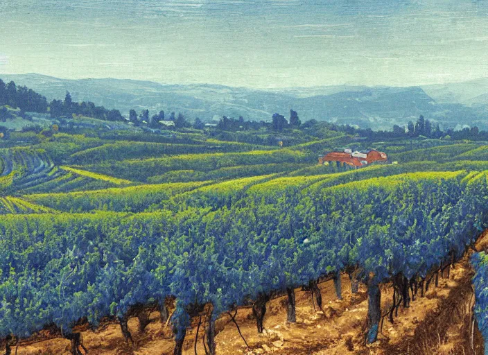 Image similar to blue woodcut vineyard landscape by greg rutkowski, fine details, highly detailed