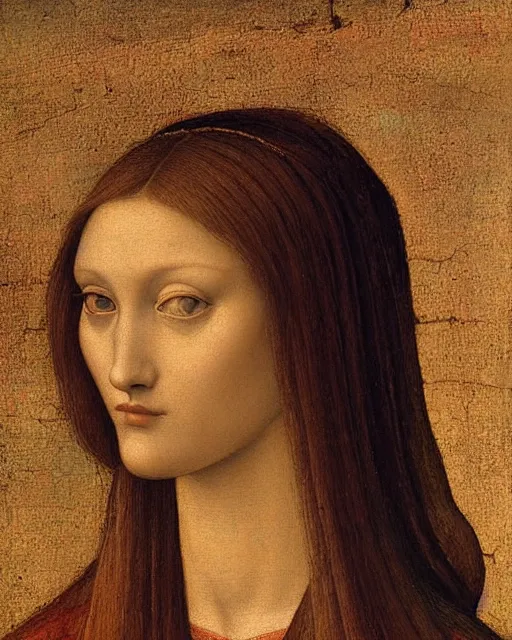 Prompt: a close up of a painting of a woman's head, an ultrafine detailed painting by pietro perugino, deviantart, pre - raphaelitism, da vinci, pre - raphaelite, detailed painting