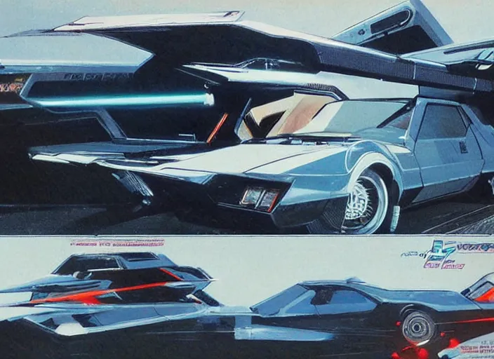 Prompt: ( ( ( ( ( 1 9 8 2 pontiac trans am, car concept art, sci - fi illustration, painting, in the style of star wars and speed racer ) ) ) ) ) by vincent di fate and john berkey and knight rider!!!!!!!