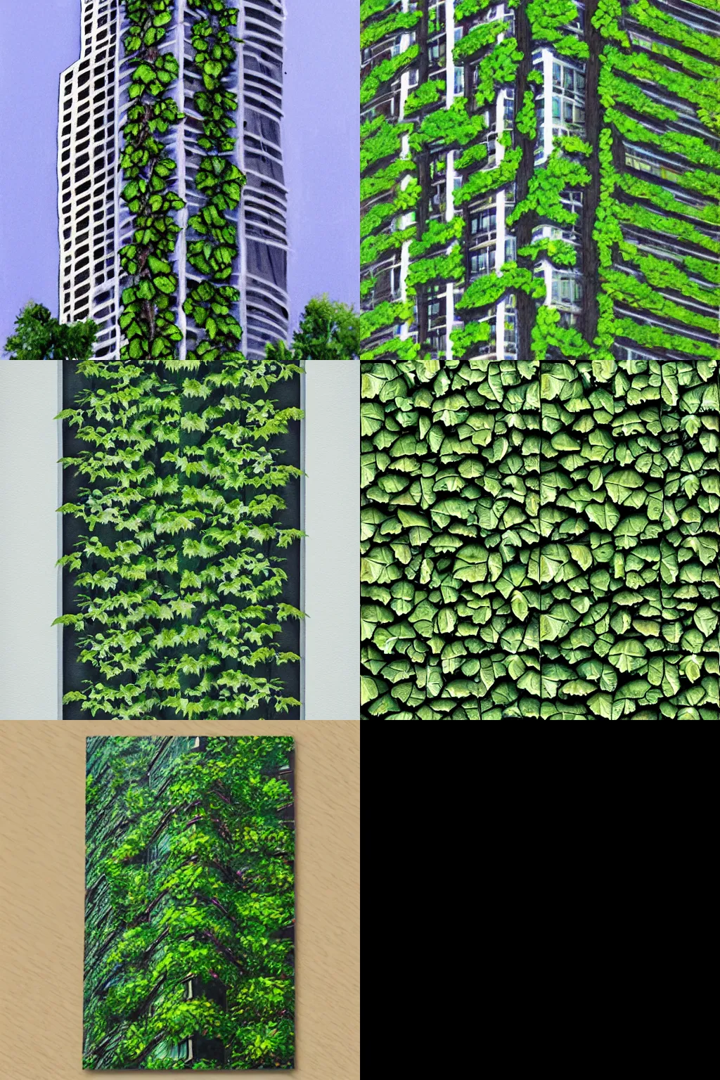 Prompt: skyscraper with ivy leaves, fotorealism,