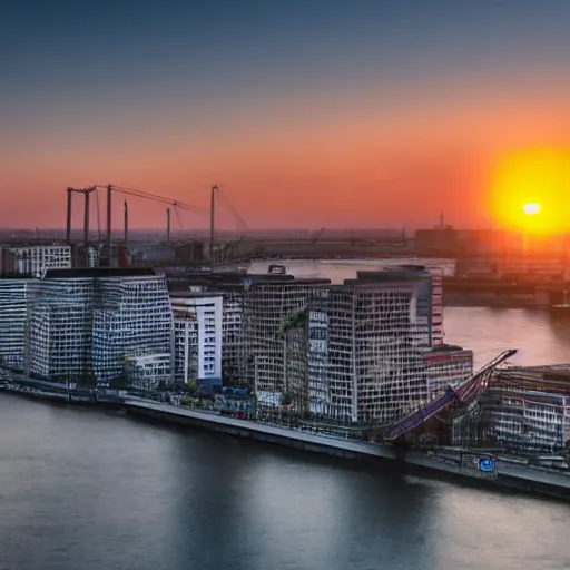 Image similar to award winning photograph of sunrise over rotterdam