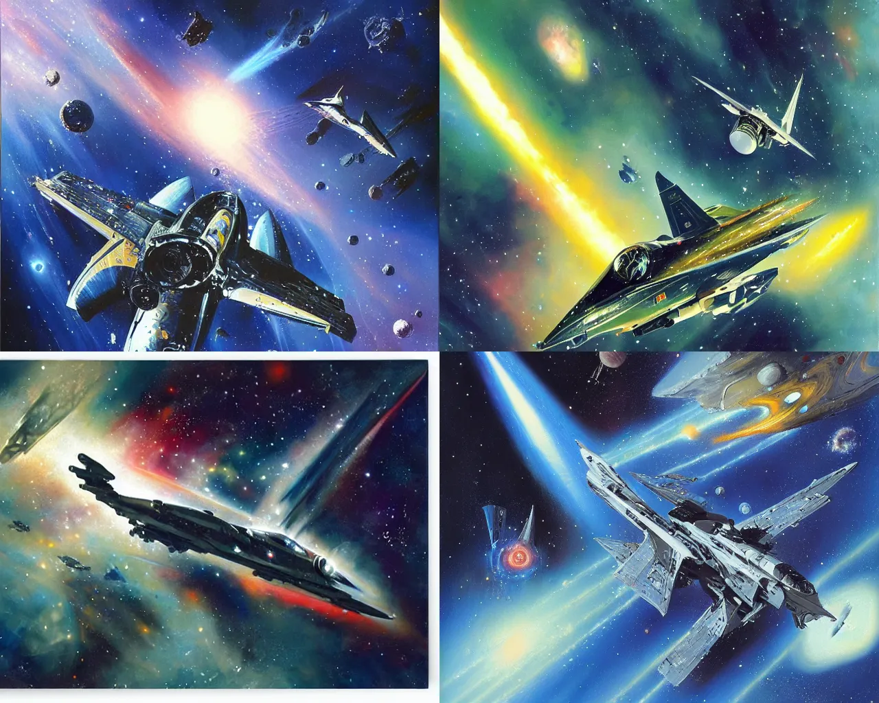 Prompt: starfighter flying through a deep space nebula by John Berkey