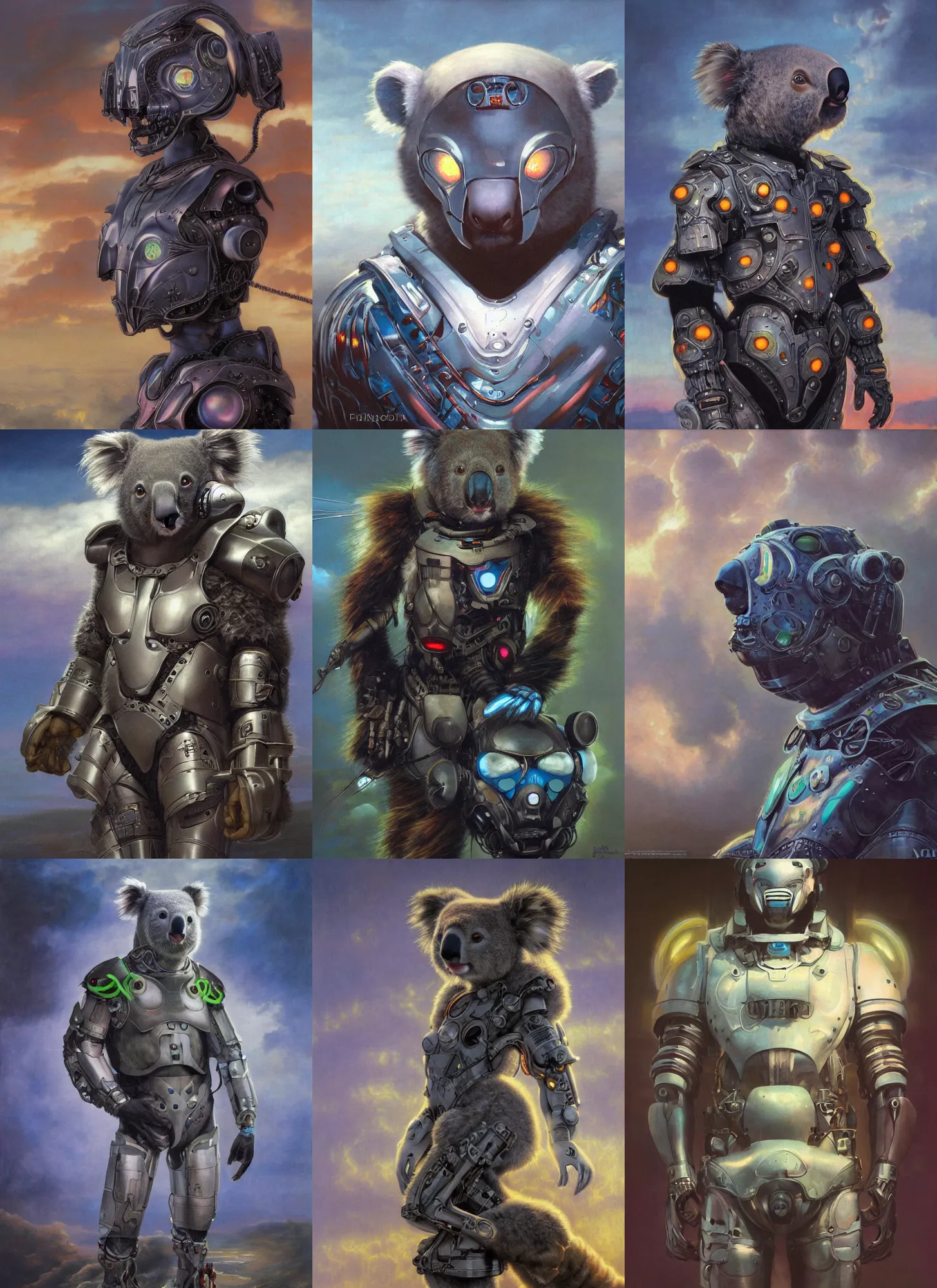 Prompt: portrait of epic anthropomorphic koala cyborg neon armor, in clouds, cinematic studio light, windy, sunrise, by gerald brom, by mikhail vrubel, by peter elson, muted colors, extreme detail, trending on artstation