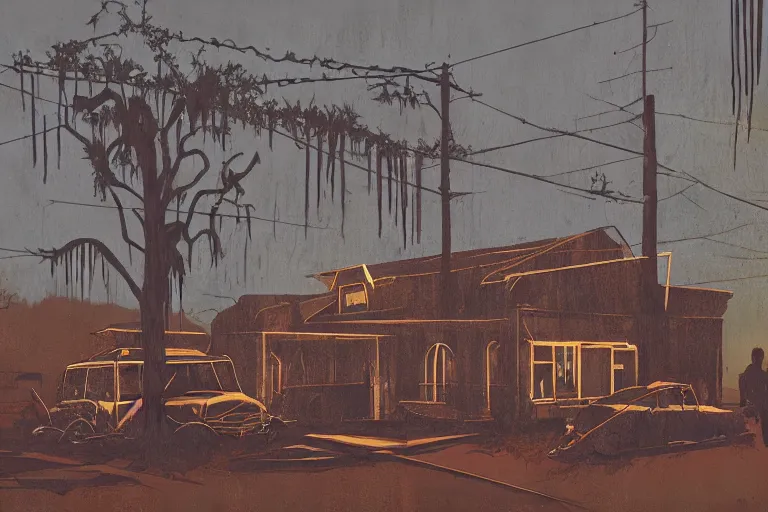 Image similar to scene from louisiana swamps, voodoo cult, old protestant church with neon satanic pentagram, junkyard by the road, boy scout troop, voodoo artwork by tim eitel