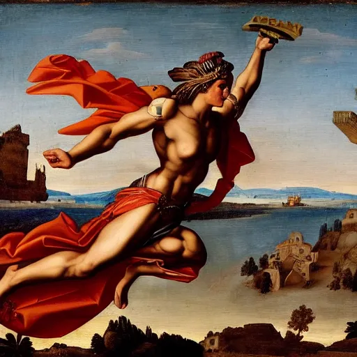 Prompt: a cyborg greek goddess flying above olympus, renaissance art