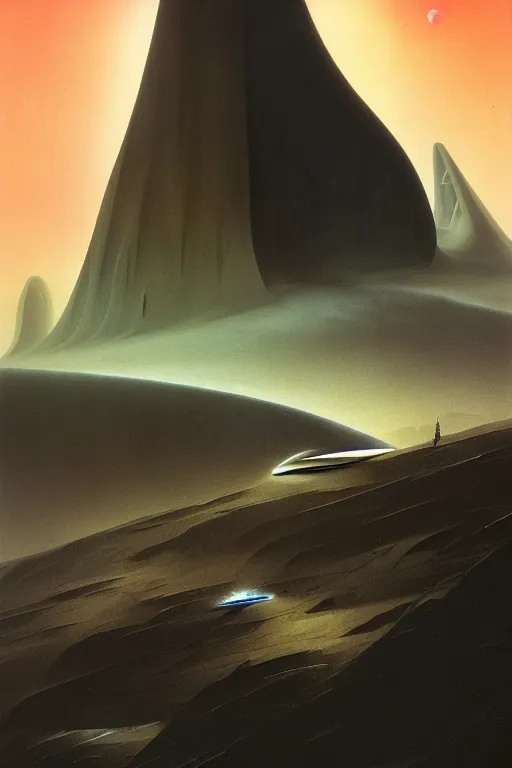 Prompt: otherworldly mountainous alien planet by arthur haas and bruce pennington and john schoenherr with a zaha hadid building, cinematic matte painting, 8 k, tornado, dark moody colors