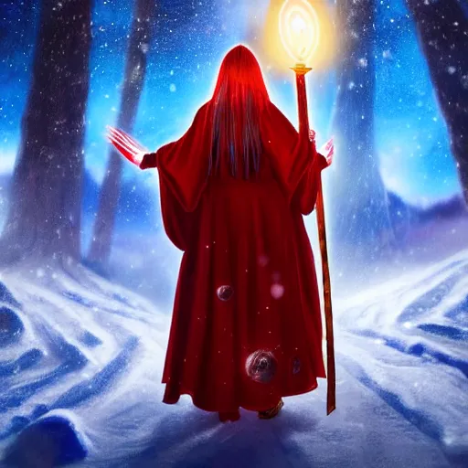 Image similar to red headed woman dressed in dark blue wizard robes holding a wooden staff covered in glowing red runes topped with a glowing gem. background of snowy mountains. fantasy painting.