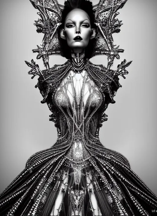 Prompt: portrait of beautiful female robot super model wearing a detailed dress, perfect symmetrical pose, sharp, by irakli nadar with intricate detailed wearing silver victorian dress designed by alexander mcqueen and rocky gathercole, haunting, elite, elegant, ruan jia, dark, hyper detailed, concept art, intricate, detailed